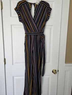 Monteu Size MediumStriped V-Neck Wide-Leg Jumpsuit Dress - Navy, Mustard & Black